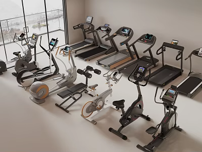 Diverse Fitness Equipment Collection Including Treadmills Ellipticals And Exercise Bikes In Modern Indoor Gym Space 3d model