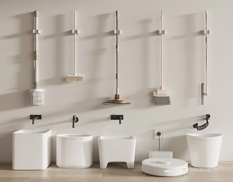 Bathroom Cleaning Tools And White Sanitary Ware With Wall Mounted Mops And Brushes 3d model 