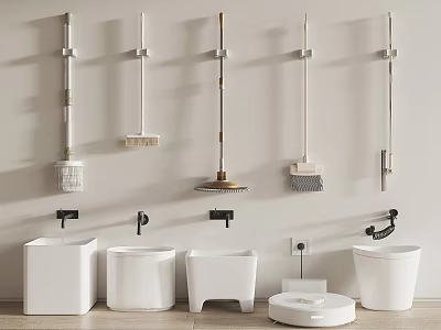 Bathroom Cleaning Tools And White Sanitary Ware With Wall Mounted Mops And Brushes 3d model