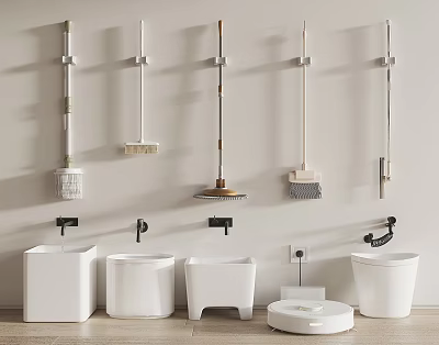 Bathroom Cleaning Tools And White Sanitary Ware With Wall Mounted Mops And Brushes 3d model