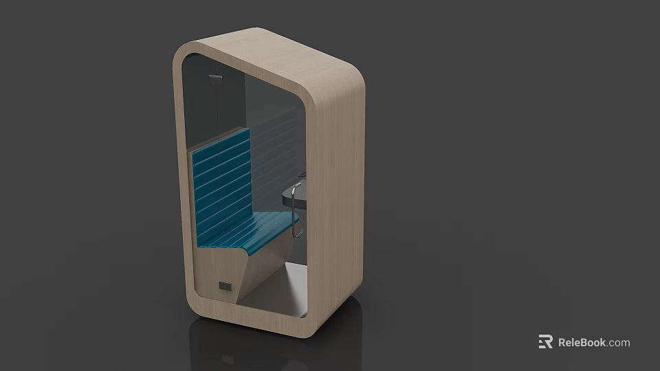 Modern Public Soundproof Booth With Wooden Design Transparent Glass And Blue Seating 3d model 