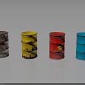 Rusty Red Yellow Red And Blue Oil Drums With Hazard Symbol On Black Reflective Surface