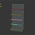 Gray Standing Display Shelf With Multiple Perforated Metal Shelves And Red White Labels
