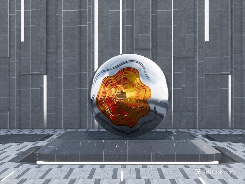 Silver Spherical Metallic Sculpture With Orange Red Textured Surface On Black Pedestal Against Gray Wall 3d model 