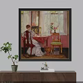 Oil Painting Featuring Lady in White Dress at Red Table with Flower Vase Curtains Cat