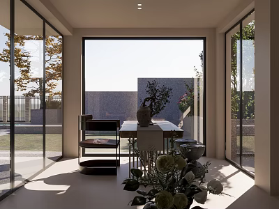 Modern Study Room with Large Windows Scenic Outdoor View Wooden Desk Chair and Potted Plants 3d model