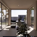 Modern Study Room with Large Windows Scenic Outdoor View Wooden Desk Chair and Potted Plants