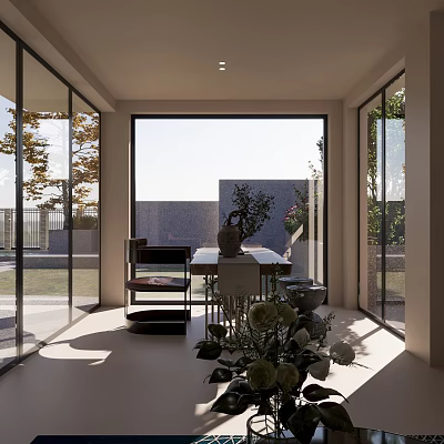 Modern Study Room with Large Windows Scenic Outdoor View Wooden Desk Chair and Potted Plants 3d model