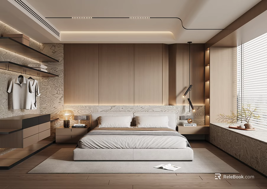 Modern Minimalist Bedroom Interior With Wooden Wall Bed Bedside Tables And Lamp 3d model 