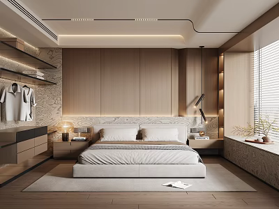Modern Minimalist Bedroom Interior With Wooden Wall Bed Bedside Tables And Lamp 3d model