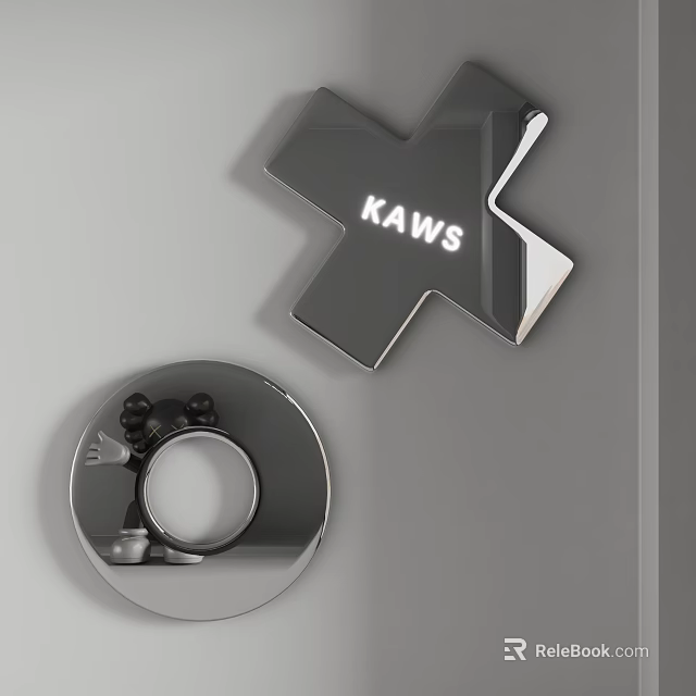 Contemporary X Shaped Mirror With KAWS Lettering And Round Decorative Mirror Piece 3d model 