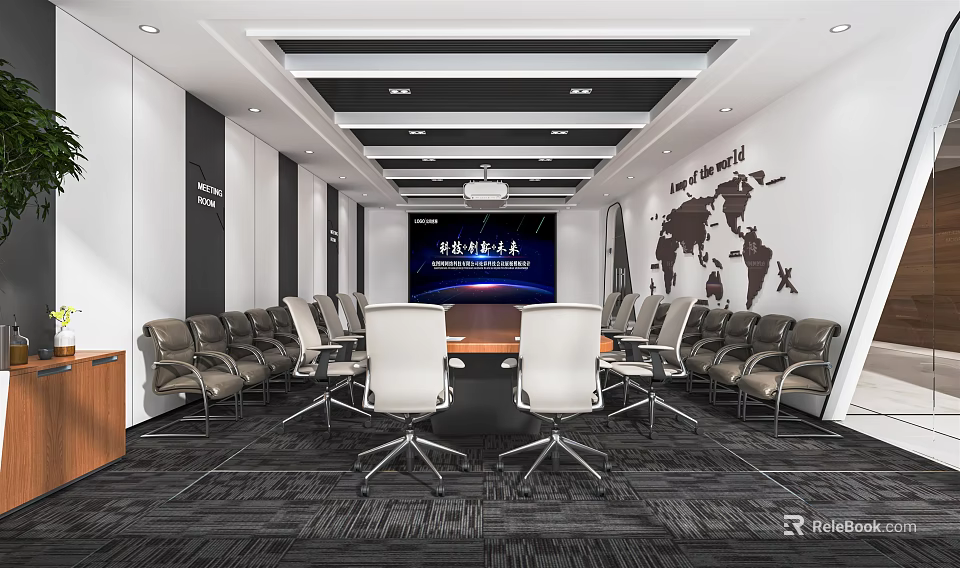 Modern Conference Room Interior With Large Screen World Map And Comfortable Chairs 3d model 