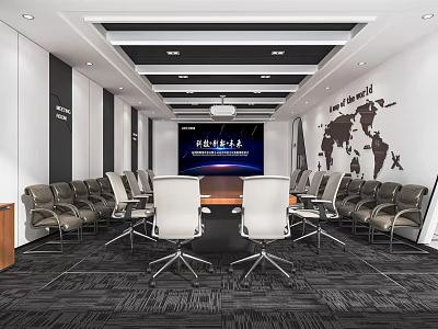 Modern Conference Room Interior With Large Screen World Map And Comfortable Chairs 3d model