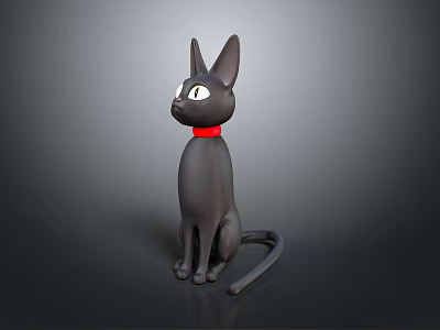 Stylish Black Cat Figurine With Red Collar Sitting Pose 3D Art Render 3d model