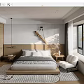 Modern Minimalist Bedroom Interior Design With Wooden Headboard Bedside Tables And Window Chair