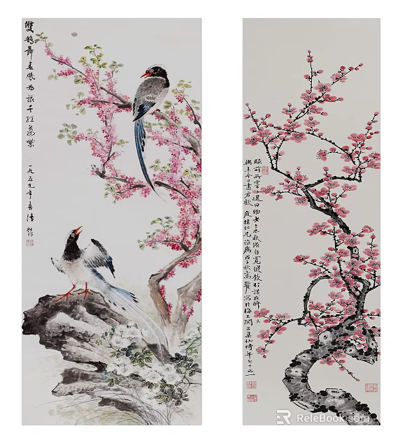Traditional Chinese Ink Painting With Plum Blossoms Birds And Calligraphy Artwork 3d model 