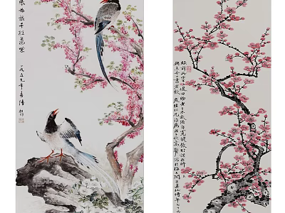 Traditional Chinese Ink Painting With Plum Blossoms Birds And Calligraphy Artwork 3d model