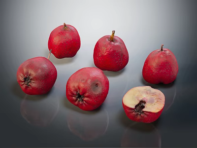 Red Fresh Crab Apples Displayed With One Halved On Shiny Surface 3d model