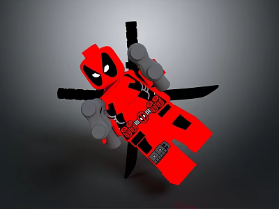 Red Deadpool Lego Toy With Gray Arms Legs Logo Text And Black Cross Shaped Object 3d model
