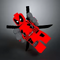 Red Deadpool Lego Toy With Gray Arms Legs Logo Text And Black Cross Shaped Object