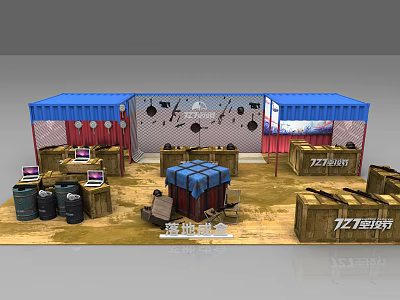 Tactical Training Area With Blue Containers Wooden Crates Targets And Laptops Setup 3d model