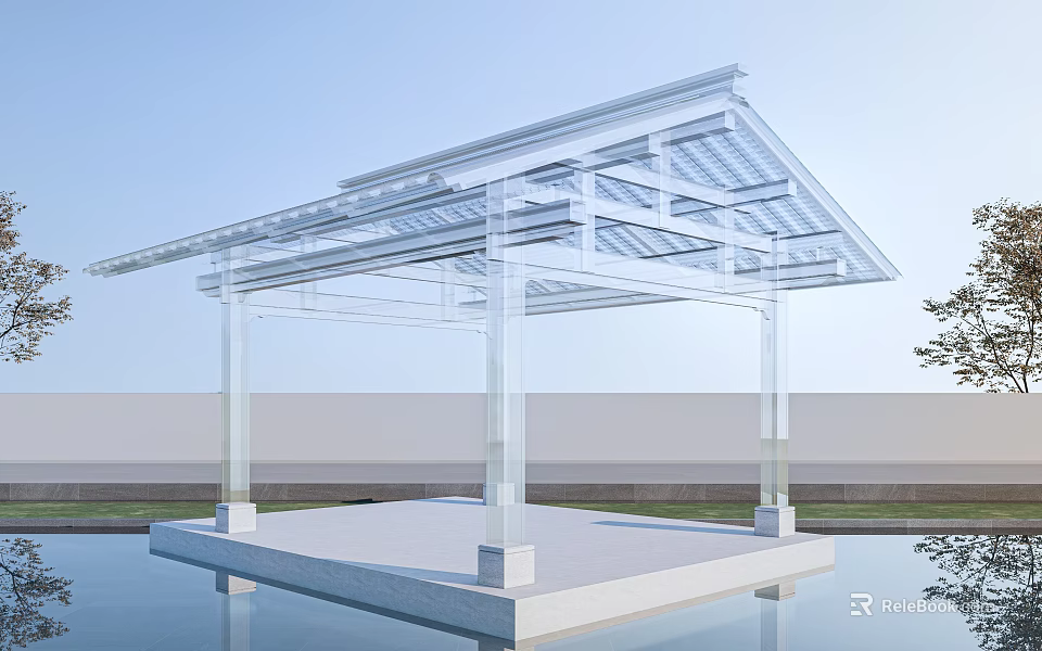 Modern Transparent Pergola With Glass Roof And White Frame On Waterfront Platform 3d model 
