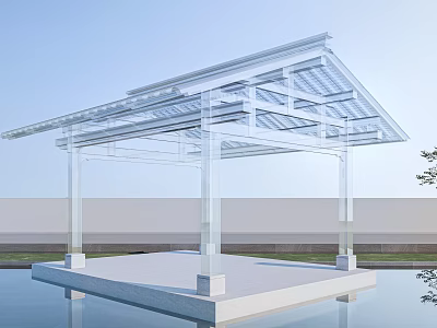 Modern Transparent Pergola With Glass Roof And White Frame On Waterfront Platform 3d model