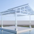 Modern Transparent Pergola With Glass Roof And White Frame On Waterfront Platform