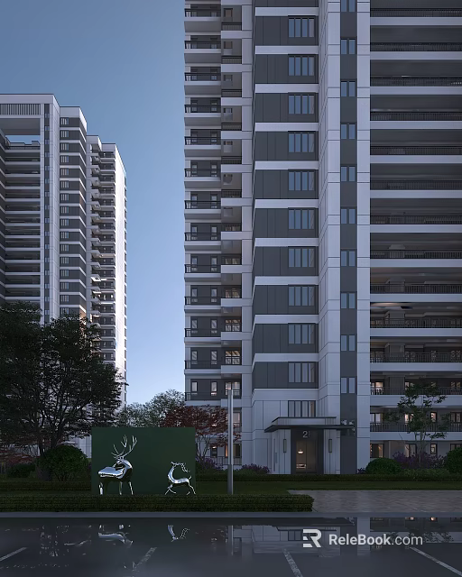 Modern High Rise Residential Building Exterior With Windows Balconies And Greenery 3d model 