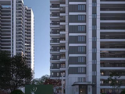 Modern High Rise Residential Building Exterior With Windows Balconies And Greenery 3d model