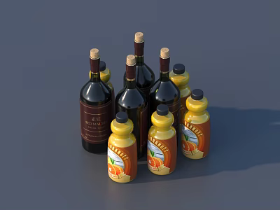 Fresh Vegetable Patterned Bottles With Dark Wine And Yellow Containers Arrangement 3d model