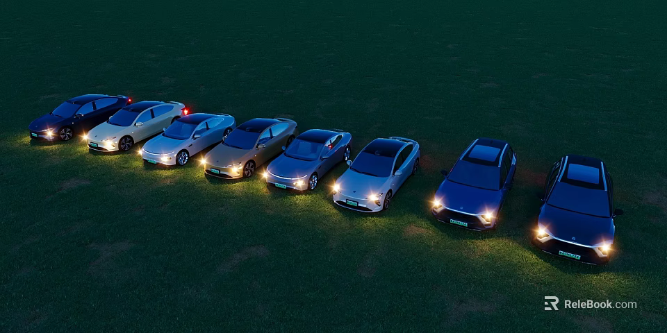 Multiple Cars Parked In A Row On Green Grass With Headlights On At Evening 3d model 