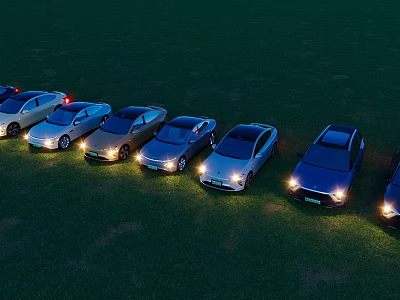 Multiple Cars Parked In A Row On Green Grass With Headlights On At Evening 3d model