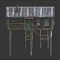 Stilted Log Cabin With Gray Wooden Shingle Roof Windows And Blue Door And Wooden Staircase
