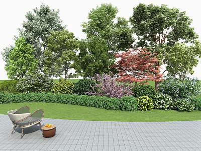 Lush Garden Trees Featuring Green Foliage Red Maple Shrubs Lawn And Outdoor Seating Area 3d model