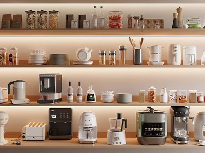 Essential Kitchen Appliances Neatly Arranged with Storage Jars and Tableware on Multiple Shelves 3d model
