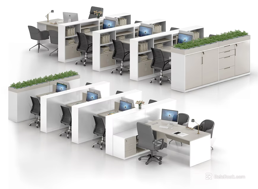Modern Office Workstations With Computer Monitors Office Chairs And Green Plants 3d model 