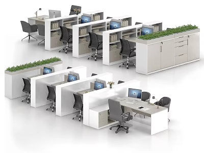 Modern Office Workstations With Computer Monitors Office Chairs And Green Plants 3d model