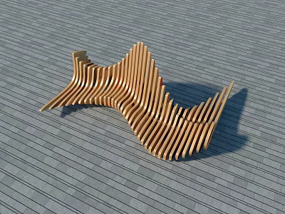 Unique Modern Wooden Public Chair With Wavy Striped Slats On Outdoor Floor 3d model