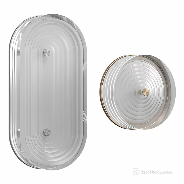 Modern Silver Oval and Round Wall Sconces with Ribbed Glass and Golden Accents 3d model 