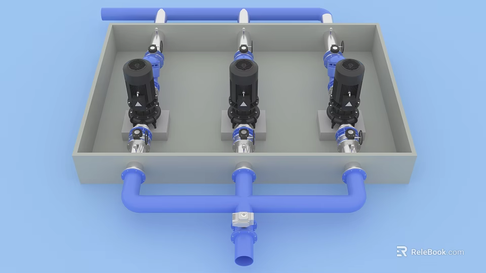 Industrial Equipment With Three Black Pumps And Blue Piping In Metal Frame 3d model 