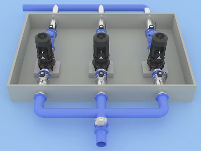 Industrial Equipment With Three Black Pumps And Blue Piping In Metal Frame 3d model