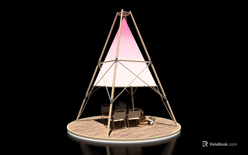 Conical Wooden Frame Structure With Pink White Gradient Canopy And Outdoor Seating 3d model
