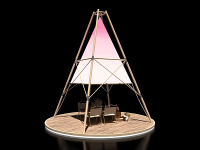 Conical Wooden Frame Structure With Pink White Gradient Canopy And Outdoor Seating 3d model
