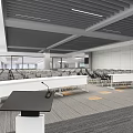 Spacious Modern Conference Room With Neatly Arranged Black Chairs Large Screen And Ceiling Grille Design