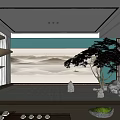 Traditional Tea Room Interior With Mountain Landscape Wall Red Maple Tree Stones And Hanging Lamps