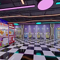 Modern Indoor Playground With Neon Lights Game Machines Vending Machines And Checkered Floor