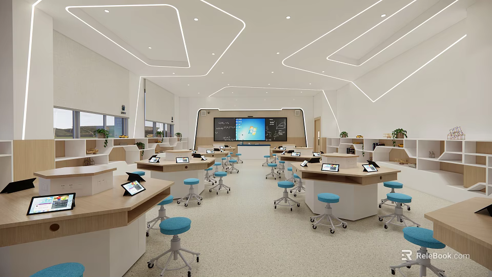 Bright Modern School Classroom Featuring Tablet Seats Interactive Screen And Green Plants 3d model 