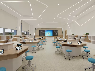 Bright Modern School Classroom Featuring Tablet Seats Interactive Screen And Green Plants 3d model