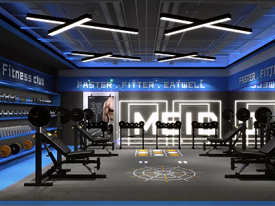 Modern Fitness Gym Interior With Dumbbells Workout Benches Motivational Slogans And Bright Lighting 3d model